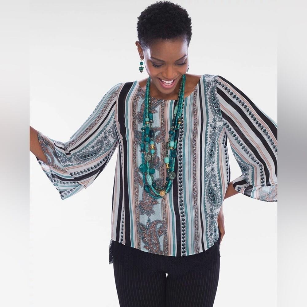 Chicos Paisley Tiered Sleeve Lace Hem Blouse Top Size L